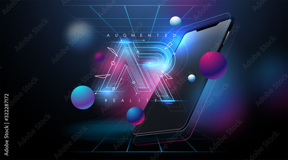 Poster ar logo layout with modern smartphone. modern template for web and print. augmented reality concept.
