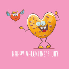 vector funny hand drawn valentines day greeting card with homemade chocolate chip heart shape cookie character isolated on pink background. Happy Valentines day cartoon pink banner or poster.