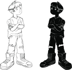 hand draw and silhouette boy.Yung man outline and drawing.