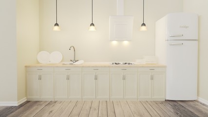 Crema color lemon beautiful house, interior, view of the kitchen. White old freezer fridge
