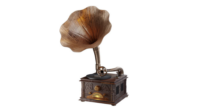 Vintage wood and bronze gramophone isolated on white. Clipping path included. Vinyl player
