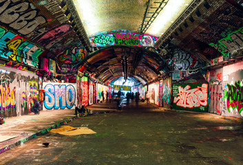 London, UK/Europe; 21/12/2019: Leake Street, underground tunnel with graffiti covered walls in...