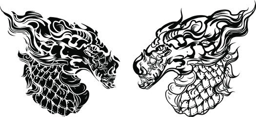 Hand drawn Thai Dragon silhouette and paper cut style, Line Thai is Thailand Style and Tattoo design.The Naga is a wild animal in the Himmapan Forest.