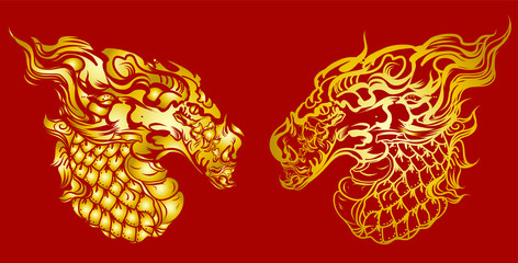 Dragon head isolate on white background.sticker dragon tattoo.Gold dragon on red background.