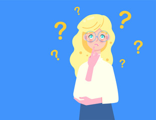 Smart woman with glasses is doubtful. moment of uncertainty on a blue background for this young blond girl. Question mark icons appear as female entrepreneur is wondering. 