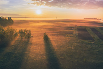 Morning sunrise with fog and sun on the horizon in the fields of Belarus