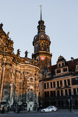 DRESDEN, GERMANY - MAY 1, 2019: The Hausmannsturm tower near the Hofkirche or Church of Court, Dresden's Cathedral.