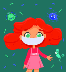 little girl in a surgical mask is among bacteria, influenza, flu, infectious disease, flu protection