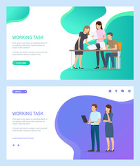 Working task vector, man and woman in business dealing with paperwork. Person with laptop and lady making research on project, office workers. Website or webpage template, landing page flat style