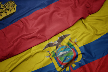 waving colorful flag of ecuador and national flag of liechtenstein.