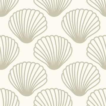 Neutral colors seamless pattern with hand drawn seashells, marine theme vector illustration in minimal scandinavian style