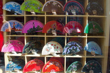 Handmade Fans in a shop window in Seville, Andalusia, Spain.