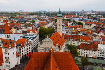Fototapeta na wymiar MUNICH, GERMANY - MAY 5, 2019: The top of view from the tower on central old square Marienplatz of Munich.