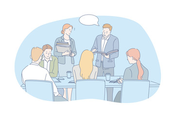 Business people, teamwork, internship concept. Group of young business men and women do teamwork or internship at office. Company boss reads daily report from secretary at meeting. Simple flat vector