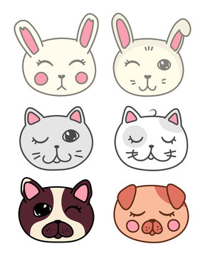 set of kawaii doodle pets, cute domestic animals, lovely cartoon drawing cat, bunny and god, editable vector illustration for kids decoration, poster, print, stickers