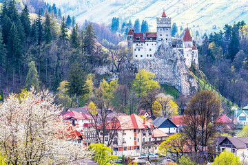 Fototapeta na wymiar Landscape with Bran castle in spring season, Brasov landmark, Transylvania, Romania