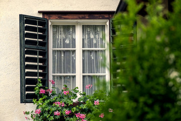 Fototapeta na wymiar Open Window on the Facade of a white local traditional old House decorated with flower in a European style at countryside village