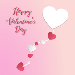 Background with the inscription "Happy Valentine's Day" made of white and red hearts on a ribbon