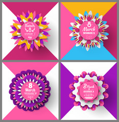 Womens day, 8 March, set of spring greeting card decorated by flowers, pink color of poster with blossom, international holiday, round origami vector