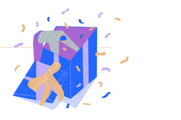 Big box gift opening by customer man, commercial banner