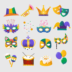 Set of colorful attributes for celebrating Mardi Gras - traditional spring holiday and carnival parade in New Orleans. Isolated vector elements  - obrazy, fototapety, plakaty