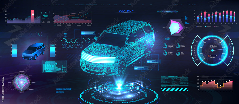 Poster Polygonal Auto Hologram with HUD UI interface. Futuristic car service with scanning auto and data analysis. Dashboard elements and modern interface HUD. Crossover low poly, wireframe in line. Vector 