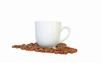 Spilled coffee beans from the white ceramic cup isolated on white background