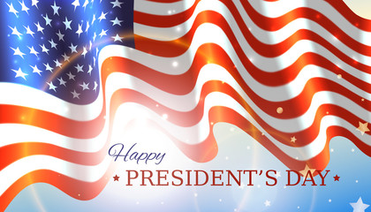 Happy Presidents Day with flag and stars on sky background. Vector illustration of a waving flag for presidents day in USA. Holiday design for sale poster, web banner, greetings card