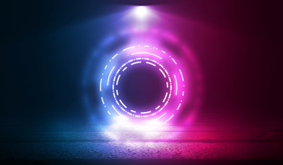 Dark abstract futuristic background. The geometric shape of the cyber circle in the middle of the...