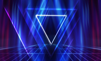 Dark abstract futuristic background. The geometric shape of a triangle in the middle of the scene. Neon blue-pink rays of light on a dark background