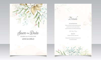 Fototapeta na wymiar Watercolor wedding invitation card template with a flower and leaves frame