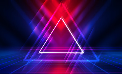 Dark abstract futuristic background. The geometric shape of a triangle in the middle of the scene....