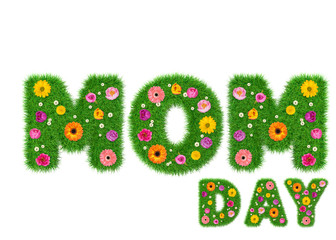 Happy mom day made of grass and colorful flowers, spring concept for graphic design collage. 3d render