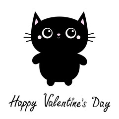 Happy Valentines Day. Black cat toy icon. Big eyes. Kitty kitten standing. Funny Kawaii animal. Kids print. Cute cartoon baby character Pet collection. Flat design White background