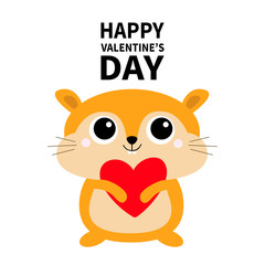 Hamster toy icon holding red heart. Happy Valentines Day. Big eyes. Funny Kawaii animal standing. Kids print. Cute cartoon baby character. Pet collection. Flat design White background