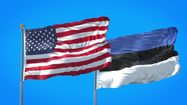 Estonia and United States flag waving in deep blue sky together. High Definition 3D Render.