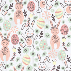 Cute Easter Bunnies and Eggs Vector Seamless Pattern