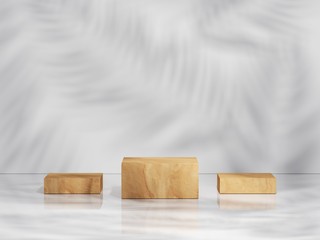 Fototapeta premium Yellow wood podium in white clean space with shadow of leaves. Product Presentation background. 3d rendering - illustration.