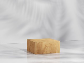 Yellow wood podium in white clean space with shadow of leaves. Product Presentation background. 3d rendering - illustration.