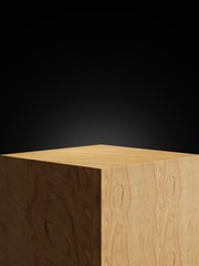 Cosmetic wood podium isolated in black background. Template for product presentation. 3d rendering - illustration.