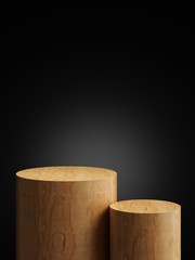 Cosmetic wood podium isolated in black background. Template for product presentation. 3d rendering - illustration.