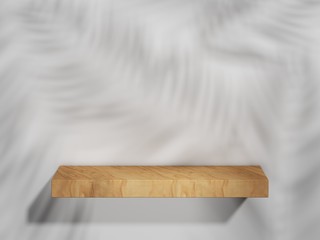 Yellow wood podium in white clean space with shadow of leaves. Product Presentation background. 3d rendering - illustration.