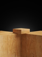 Cosmetic wood podium isolated in black background. Template for product presentation. 3d rendering - illustration.