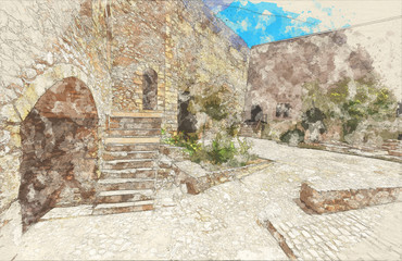 Sketch of inside Chlemoutsi fortress in Ilia, Peloponnese