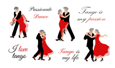 Senior couple dancing tango. Illustration vector set of old people dancing in flat style on a white background. A vigorous old man and an old woman with gray hair dance a beautiful dance