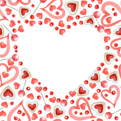Hearts, lollipops, cookies with jam background for your photo or inscription