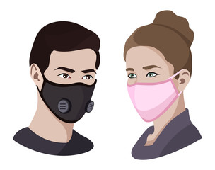 Colorful air pollution face masks set isolated, asian china man and woman wearing medical virus mask, coronavirus protection and healthcare, vector illustration