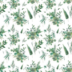 Green plants seamless pattern. Watercolor eucalyptus branches and green plants wallpaper. Hand painted floral repeating texture on white background.