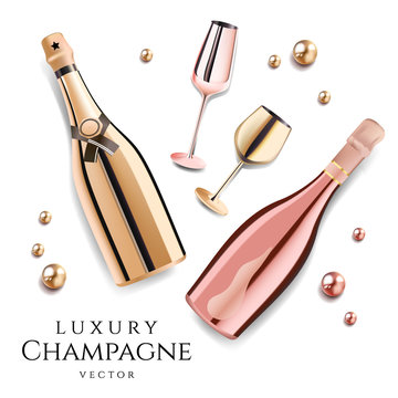 Rose gold champagne bottles with wine glasses, luxury festive alcohol products for celebration, vector illustration.