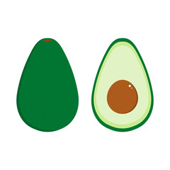 Avocado, whole and cut in half, vector cartoon style icons for healthy food, vegan design.